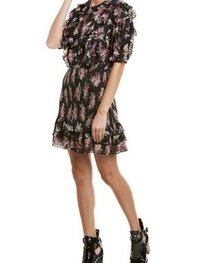 Rebecca Taylor Black Floral Ruffle Mini Dress